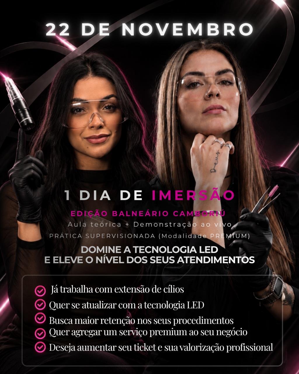 Banner do workshop Cílios LED Premium, com as duas profissionais e a data de 22 de novembro